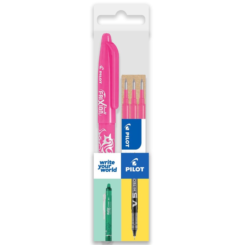 Pilot Frixion Heat/Friction Erasable Rollerball Pen FR7 - Medium Line 0.7mm Tip Nib - Wallet Pack of 1 Pen + 3 Refills (Pink) - Image 1